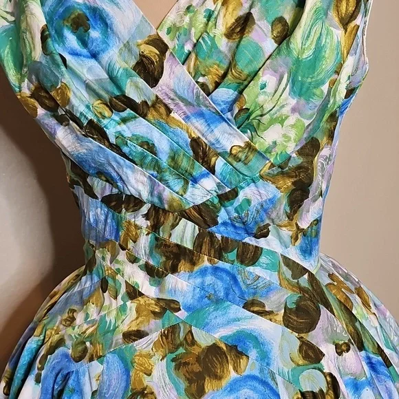 True Vintage Alix Of Miami 1950s Fit And Flare Floral Dress Blue, Green Cupcake - Picture 6 of 17